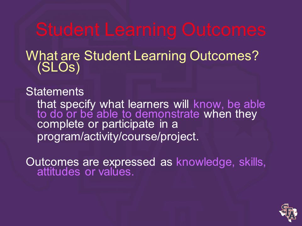 Student Learning Outcomes SFASU faculty have a critical role in the Institutional Effectiveness process through: Identification of desired learning outcomes for programs and courses.