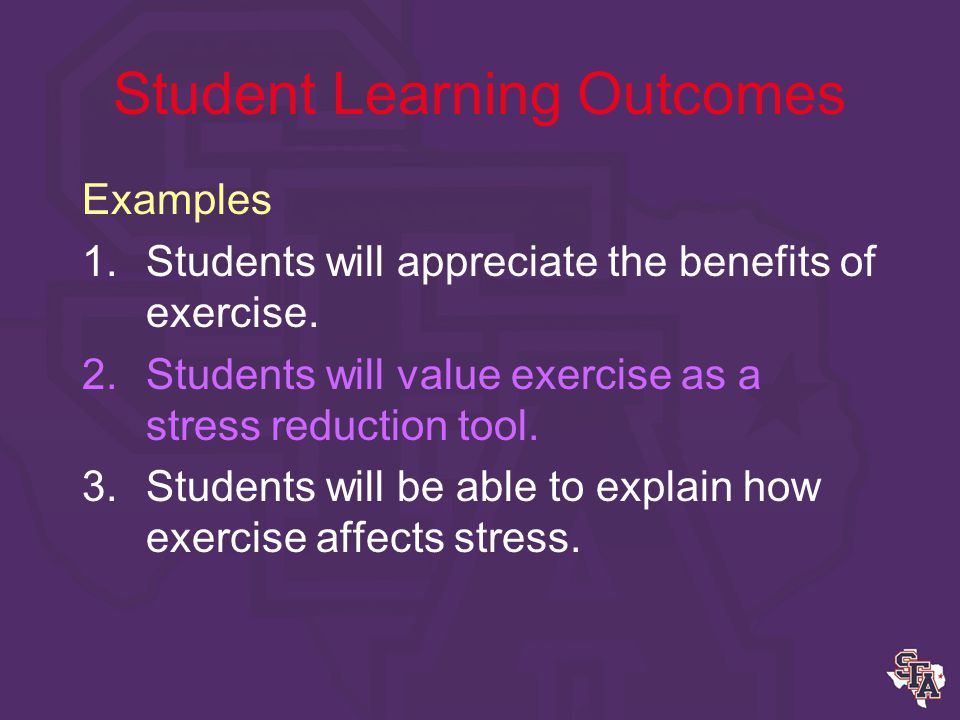 Student Learning Outcomes Action verbs –Analyze, apply, compare, create, estimate, demonstrate, illustrate (see Bloom’s Taxonomy) Verbs to avoid –Appreciate, understand, learn, know, become familiar with –Avoid compound outcomes