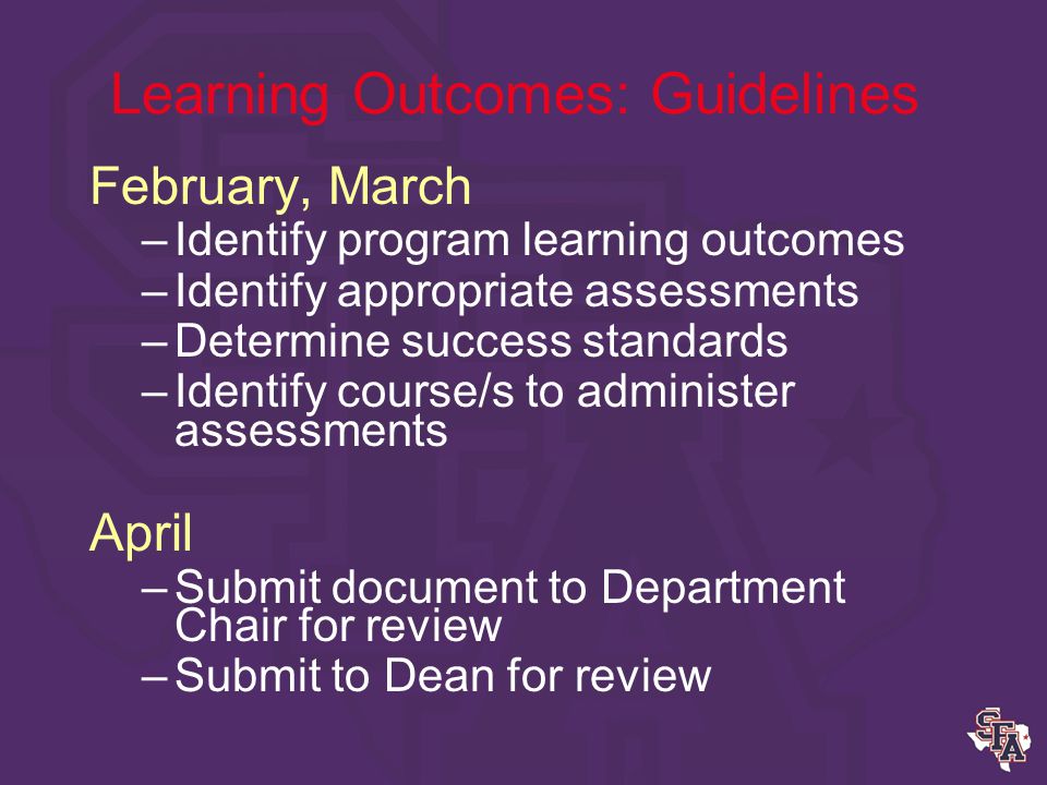Learning Outcomes: Guidelines Each institution is expected to determine institutional effectiveness by implementing an assessment plan which is broad based; derived from the institution’s purpose and goals; uses a variety of assessment methods, and demonstrates the use of results for the improvement of both academic programs and administrative support units.