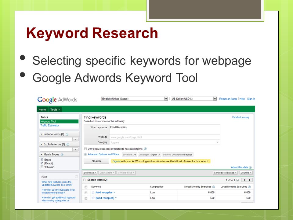 Keyword Research Selecting specific keywords for webpage Google Adwords Keyword Tool