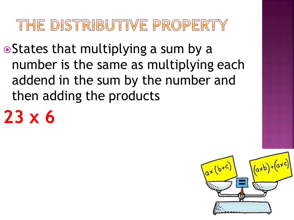  States that multiplying a sum by a number is the same as multiplying each addend in the sum by the number and then adding the products 23 x 6