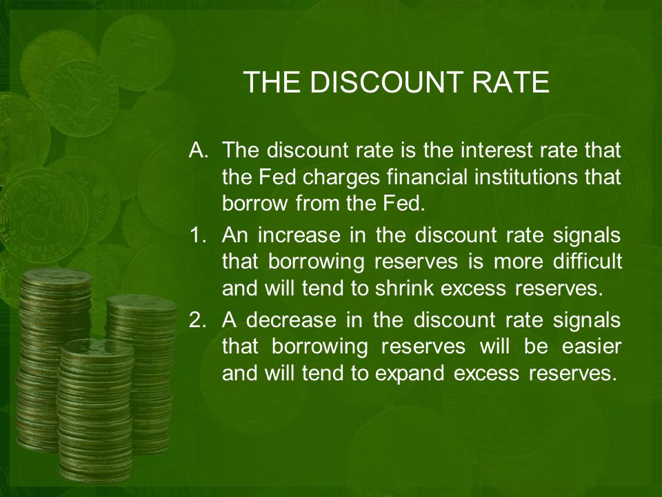 THE DISCOUNT RATE A.The discount rate is the interest rate that the Fed charges financial institutions that borrow from the Fed.