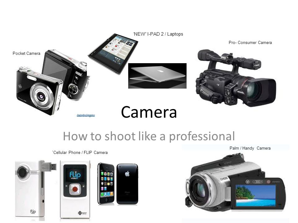 Camera How to shoot like a professional Pocket Camera `Cellular Phone / FLIP Camera Pro- Consumer Camera Palm / Handy Camera ‘NEW I-PAD 2 / Laptops