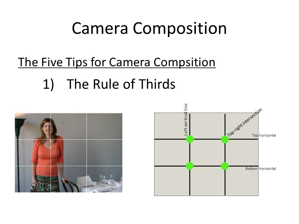 Camera Composition The Five Tips for Camera Compsition 1)The Rule of Thirds Top right intersection Top horizontal Bottom horizontal Left vertical line