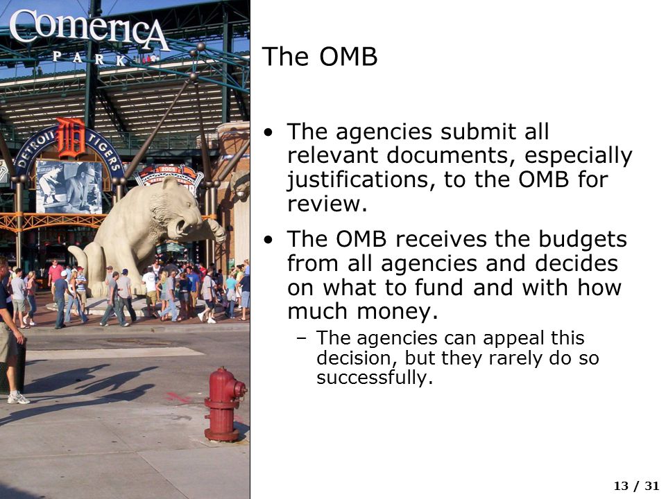 13 / 31 The OMB The agencies submit all relevant documents, especially justifications, to the OMB for review.