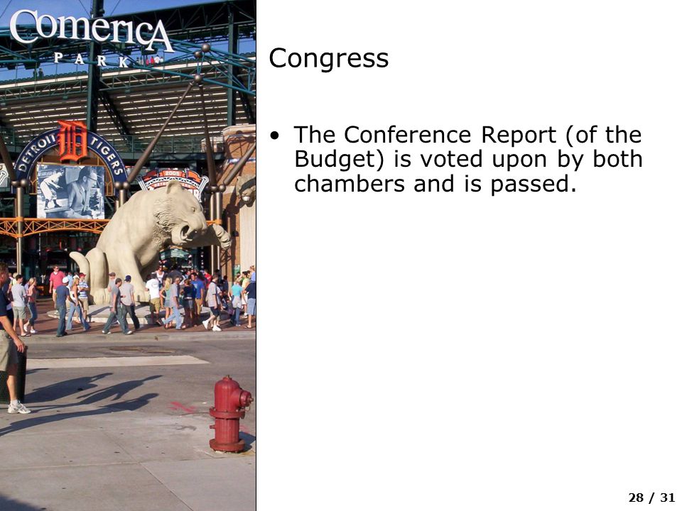 28 / 31 Congress The Conference Report (of the Budget) is voted upon by both chambers and is passed.