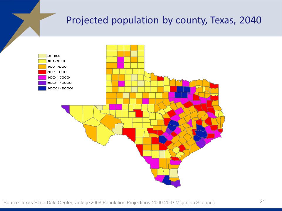 Projected population by county, Texas, 2040 Source: Texas State Data Center, vintage 2008 Population Projections, Migration Scenario 21