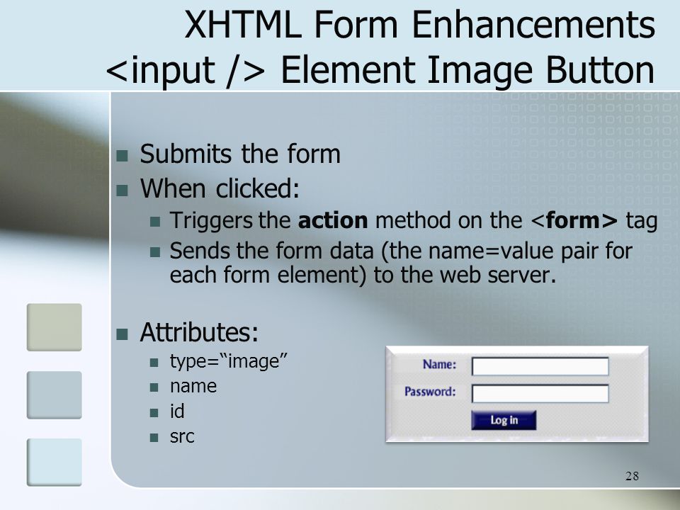 28 XHTML Form Enhancements Element Image Button Submits the form When clicked: Triggers the action method on the tag Sends the form data (the name=value pair for each form element) to the web server.