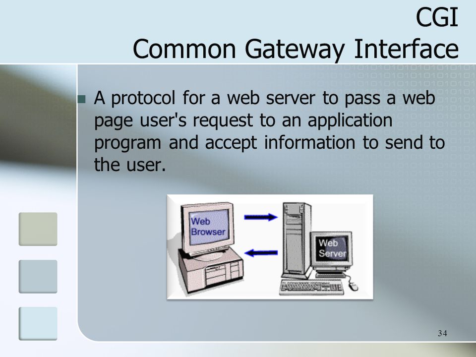 34 CGI Common Gateway Interface A protocol for a web server to pass a web page user s request to an application program and accept information to send to the user.