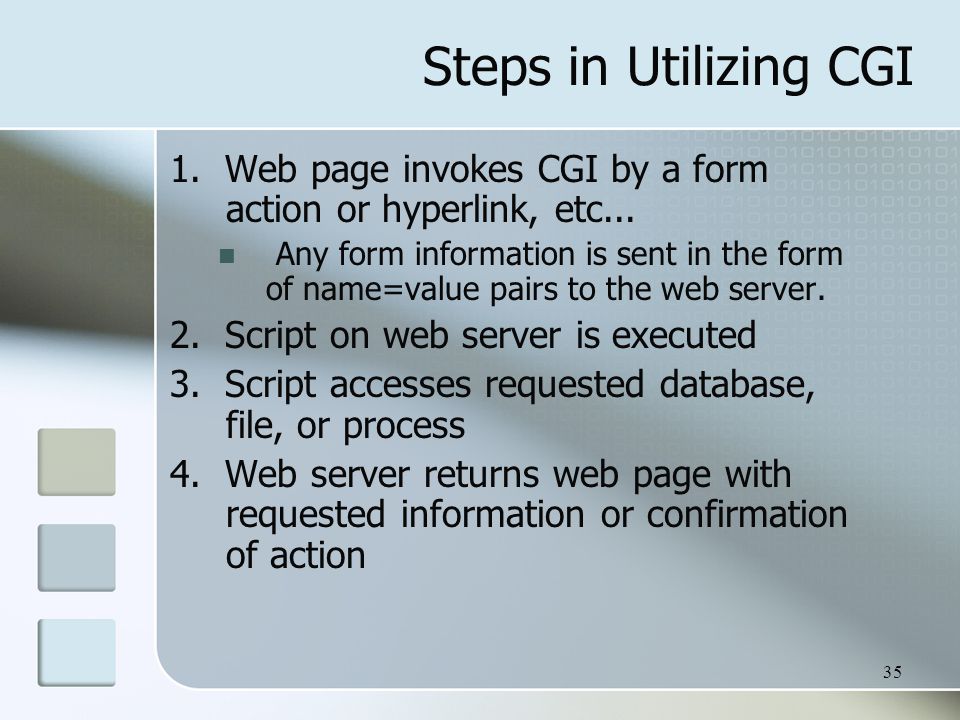 35 Steps in Utilizing CGI 1. Web page invokes CGI by a form action or hyperlink, etc...