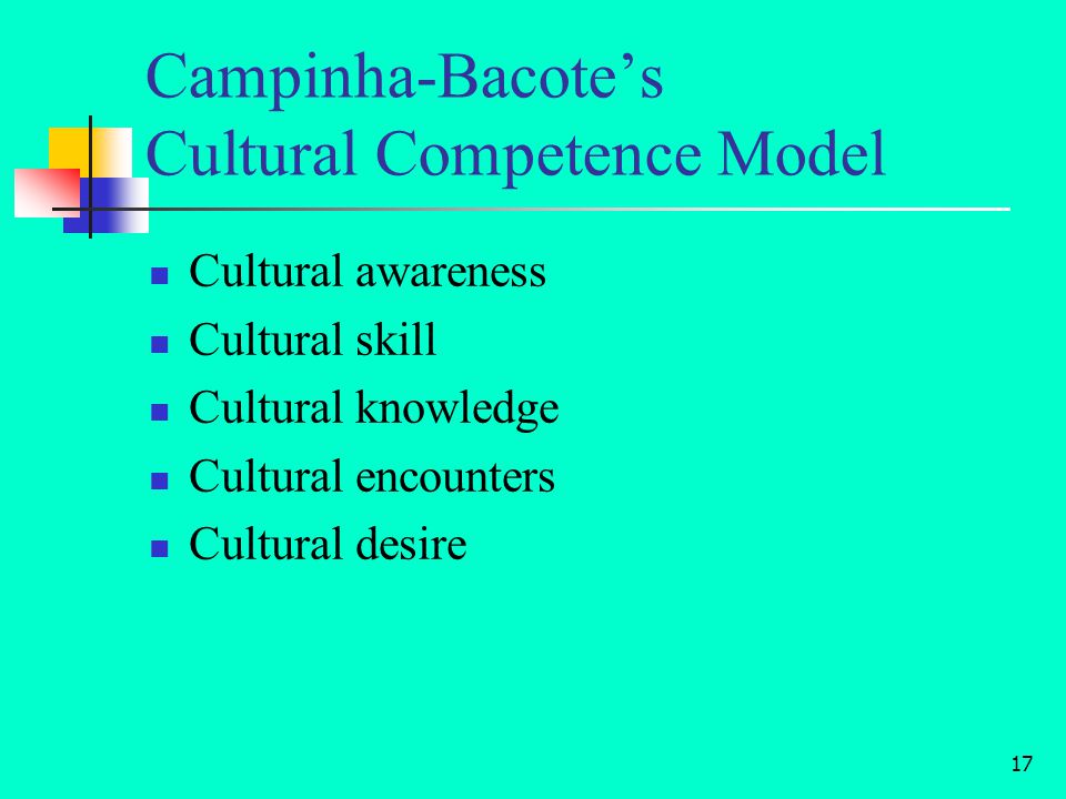 17 Campinha-Bacote’s Cultural Competence Model Cultural awareness Cultural skill Cultural knowledge Cultural encounters Cultural desire
