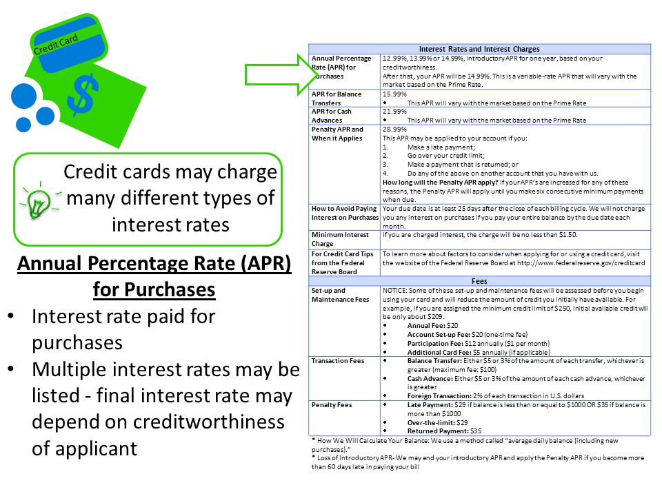 Credit Card Interest Rates and Interest Charges Annual Percentage Rate (APR) for Purchases 12.99%, 13.99% or 14.99%, introductory APR for one year, based on your creditworthiness.