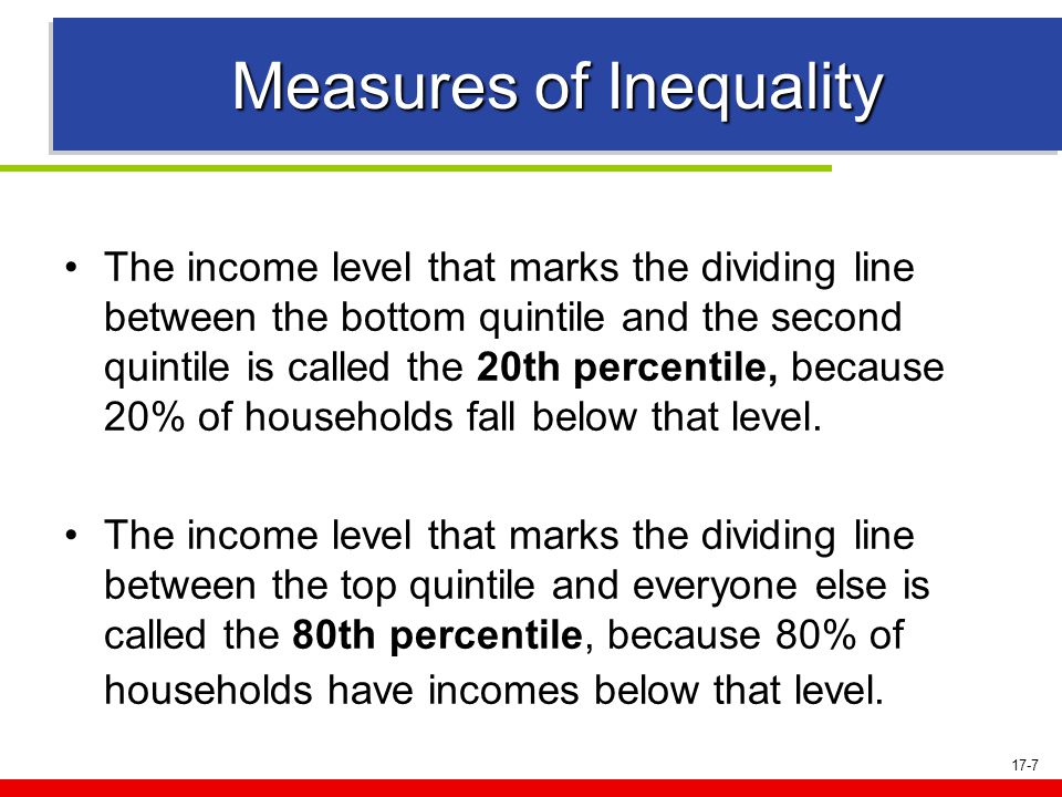 17-7 Measures of Inequality The income level that marks the dividing line between the bottom quintile and the second quintile is called the 20th percentile, because 20% of households fall below that level.