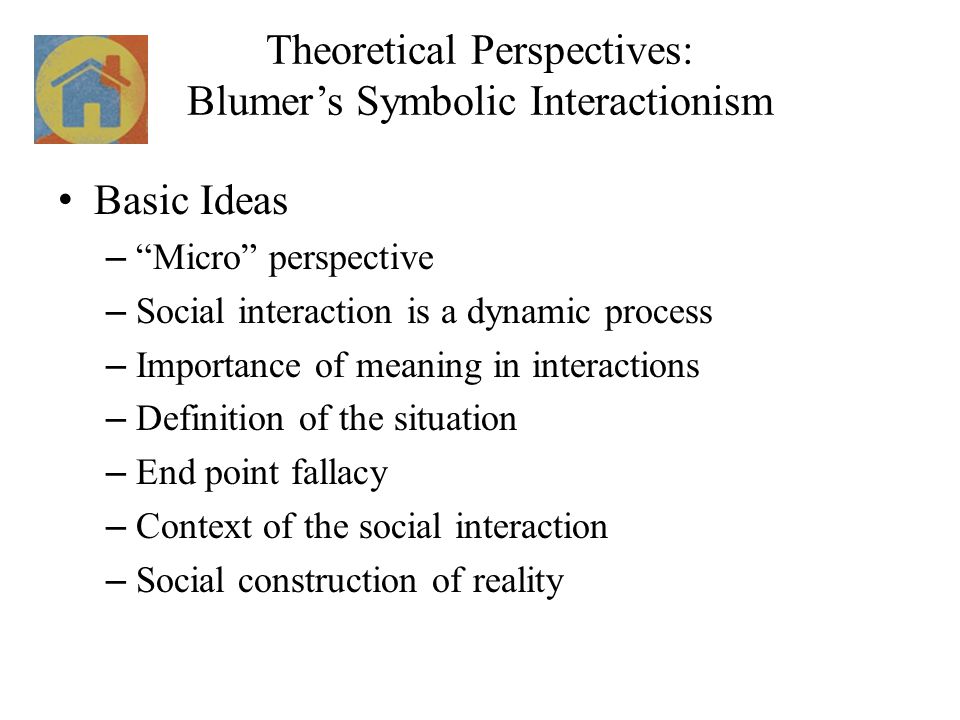 Theoretical Perspectives: Blumer’s Symbolic Interactionism Basic Ideas – Micro perspective – Social interaction is a dynamic process – Importance of meaning in interactions – Definition of the situation – End point fallacy – Context of the social interaction – Social construction of reality