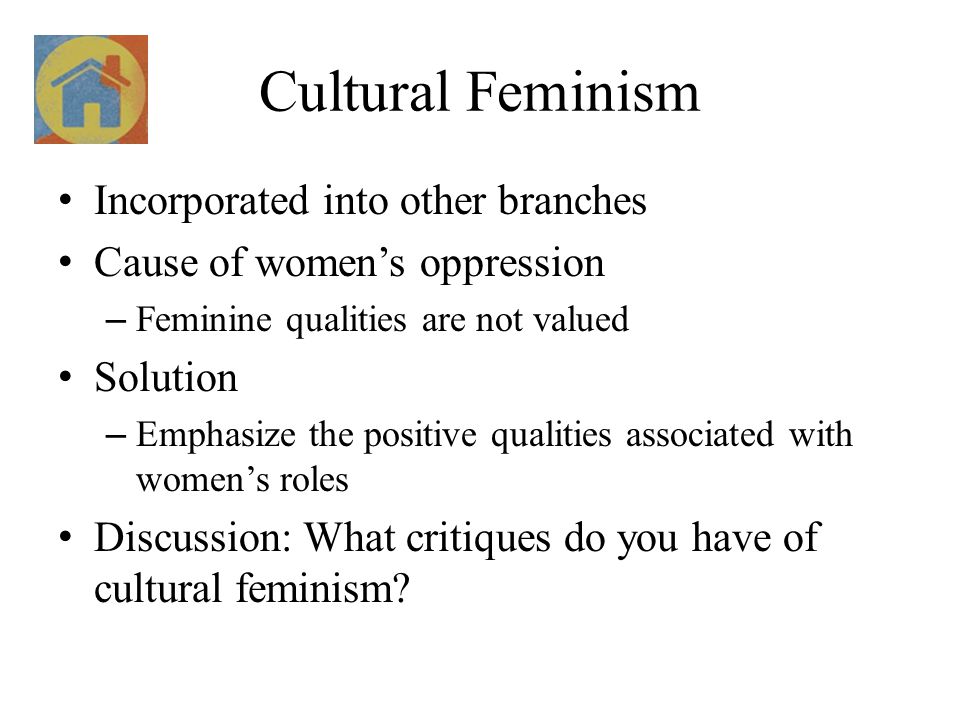 Cultural Feminism Incorporated into other branches Cause of women’s oppression – Feminine qualities are not valued Solution – Emphasize the positive qualities associated with women’s roles Discussion: What critiques do you have of cultural feminism