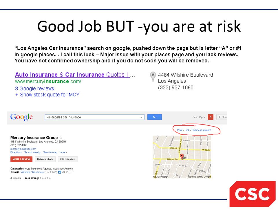 Good Job BUT -you are at risk Los Angeles Car Insurance search on google, pushed down the page but is letter A or #1 in google places..