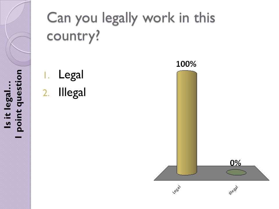 Can you legally work in this country Is it legal… 1 point question 1. Legal 2. Illegal