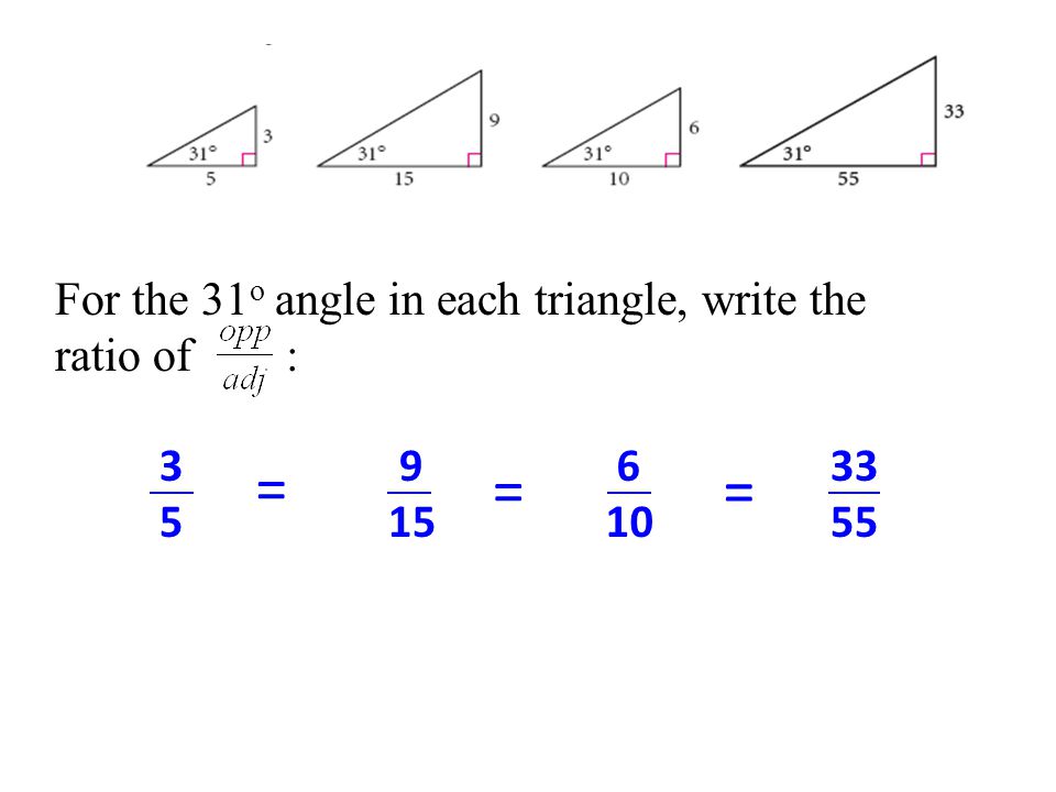 For the 31 o angle in each triangle, write the ratio of : = = =