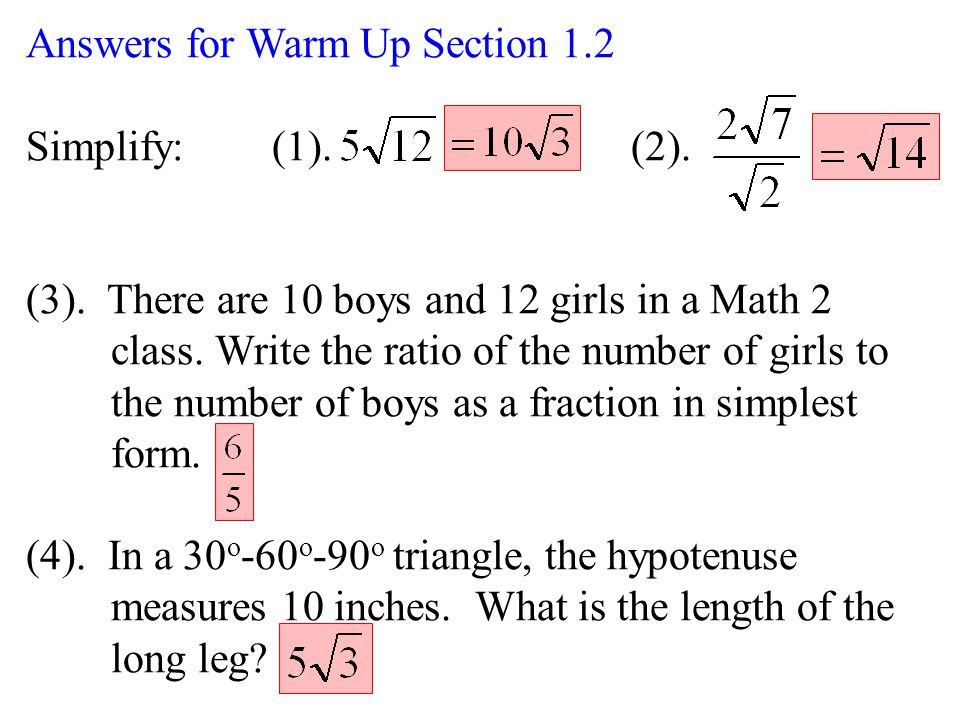 Answers for Warm Up Section 1.2 Simplify: (1). (2).