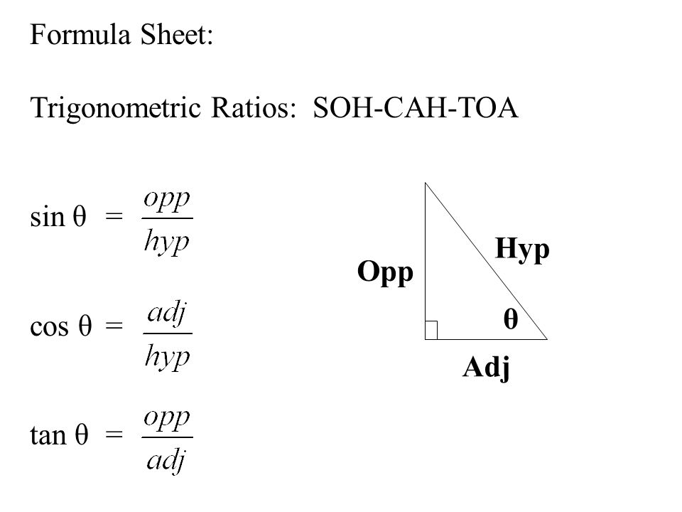 Formula Sheet: Trigonometric Ratios: SOH-CAH-TOA sin θ = cos θ = tan θ = θ Opp Adj Hyp