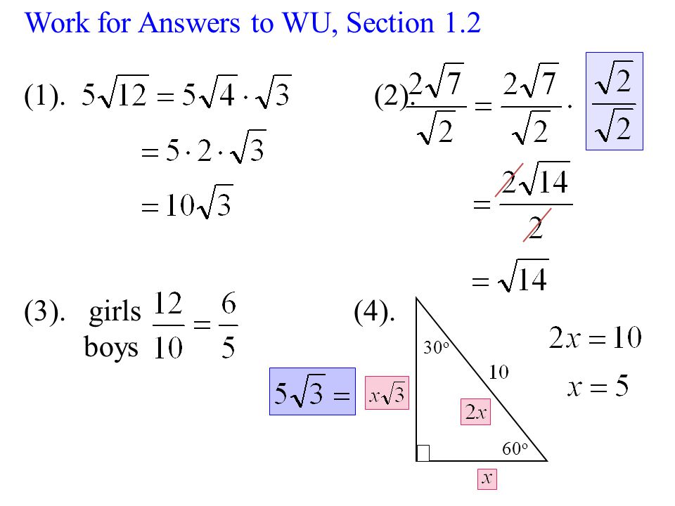 Work for Answers to WU, Section 1.2 (1). (2). (3). girls (4). boys 30 o 60 o