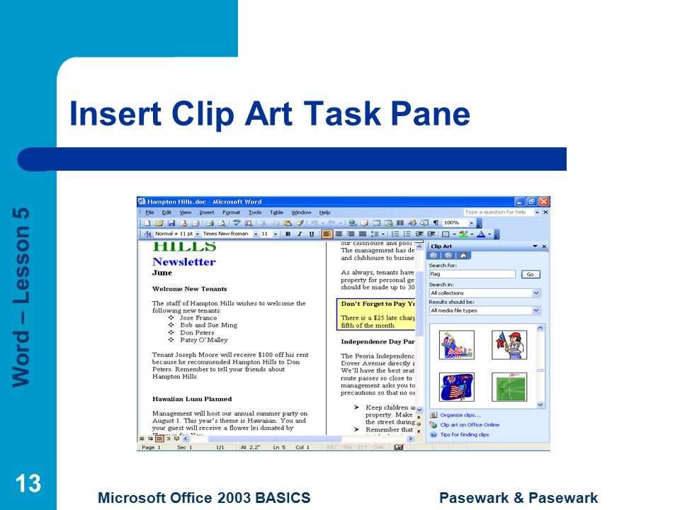 Word – Lesson 5 Microsoft Office 2003 BASICS Pasewark & Pasewark 13 Insert Clip Art Task Pane