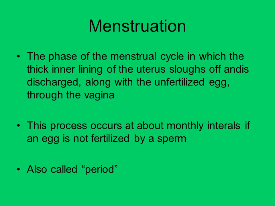 Menstruation The phase of the menstrual cycle in which the thick inner lining of the uterus sloughs off andis discharged, along with the unfertilized egg, through the vagina This process occurs at about monthly interals if an egg is not fertilized by a sperm Also called period