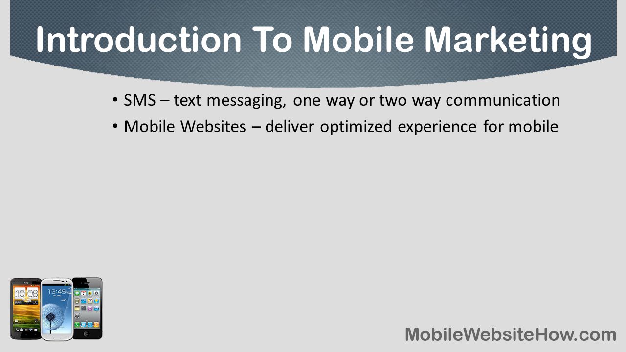SMS – text messaging, one way or two way communication Mobile Websites – deliver optimized experience for mobile Introduction To Mobile Marketing