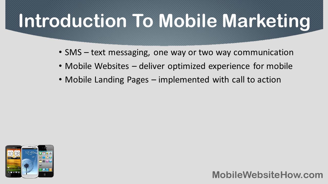 SMS – text messaging, one way or two way communication Mobile Websites – deliver optimized experience for mobile Mobile Landing Pages – implemented with call to action Introduction To Mobile Marketing