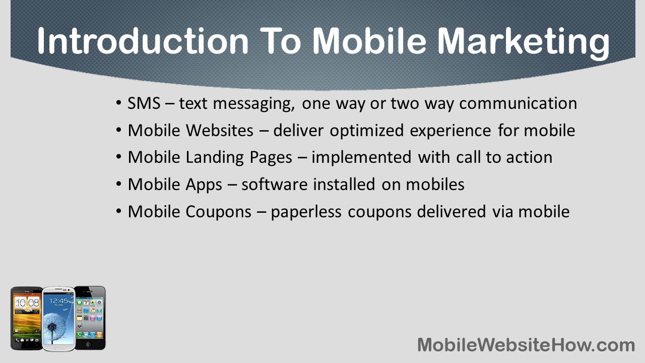 SMS – text messaging, one way or two way communication Mobile Websites – deliver optimized experience for mobile Mobile Landing Pages – implemented with call to action Mobile Apps – software installed on mobiles Mobile Coupons – paperless coupons delivered via mobile Introduction To Mobile Marketing