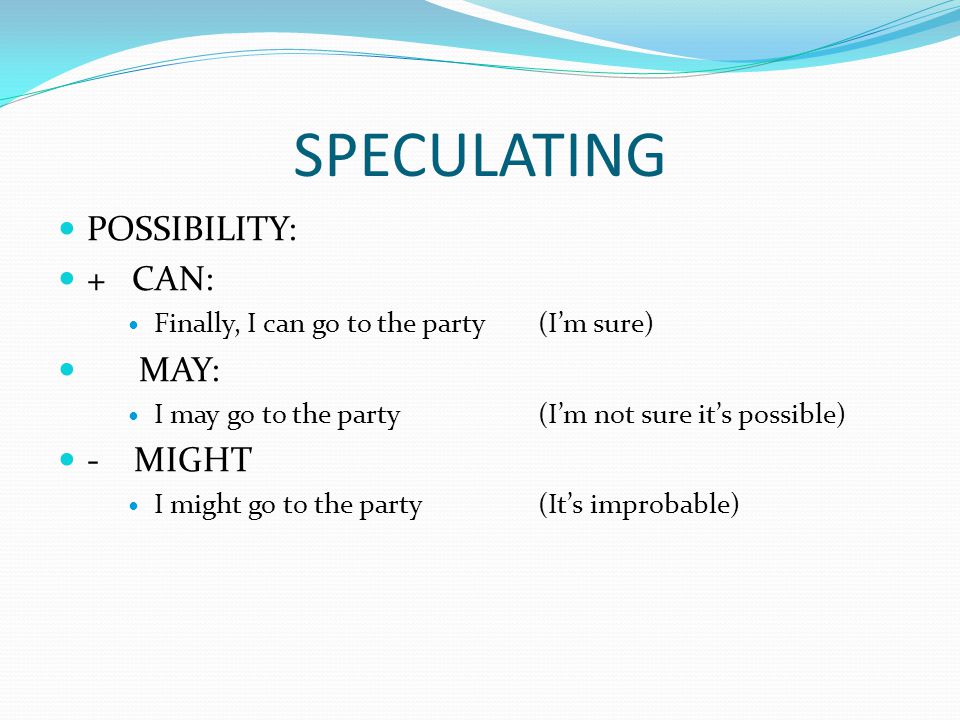 SPECULATING POSSIBILITY: + CAN: Finally, I can go to the party(I’m sure) MAY: I may go to the party(I’m not sure it’s possible) - MIGHT I might go to the party(It’s improbable)