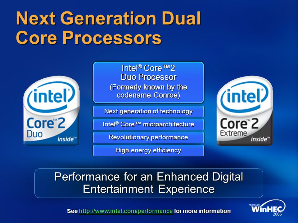 Next Generation Dual Core Processors Performance for an Enhanced Digital Entertainment Experience Intel ® Core™2 Duo Processor (Formerly known by the codename Conroe) Next generation of technology Intel ® Core™ microarchitecture High energy efficiency Revolutionary performance See   for more information