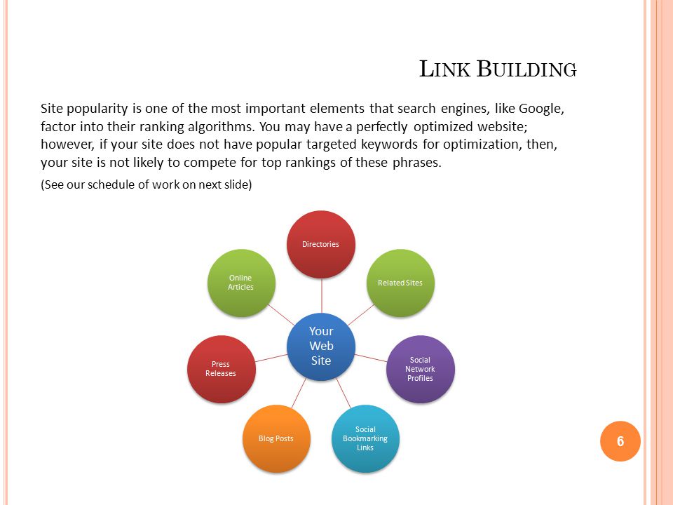 L INK B UILDING Site popularity is one of the most important elements that search engines, like Google, factor into their ranking algorithms.
