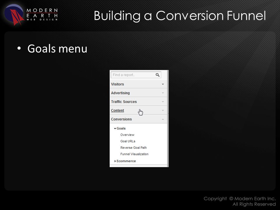 Building a Conversion Funnel Goals menu