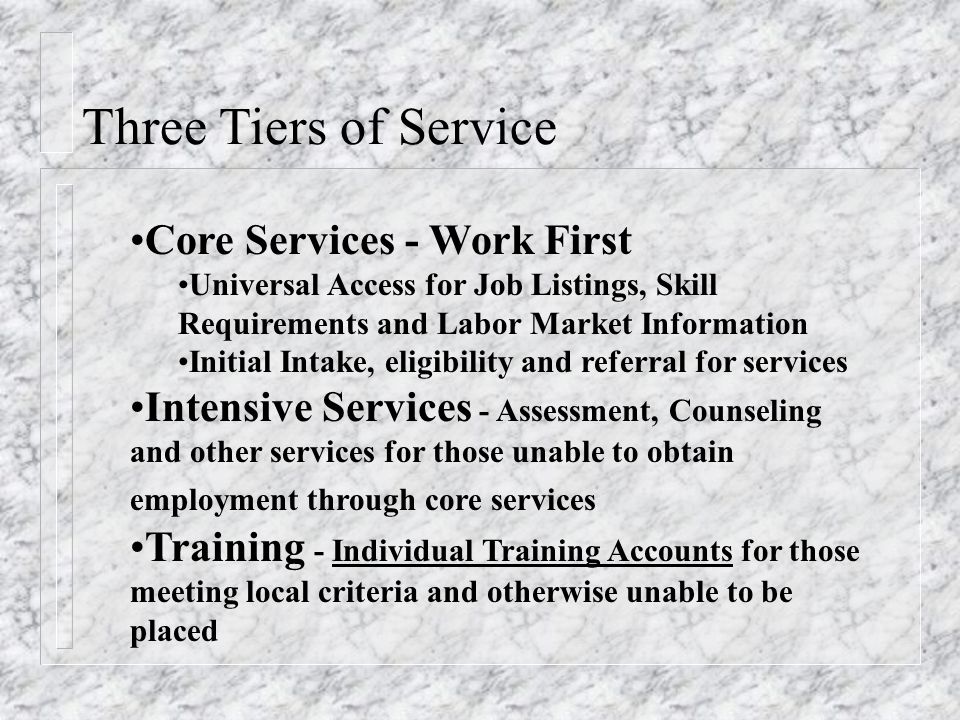 Three Tiers of Service Core Services - Work First Universal Access for Job Listings, Skill Requirements and Labor Market Information Initial Intake, eligibility and referral for services Intensive Services - Assessment, Counseling and other services for those unable to obtain employment through core services Training - Individual Training Accounts for those meeting local criteria and otherwise unable to be placed