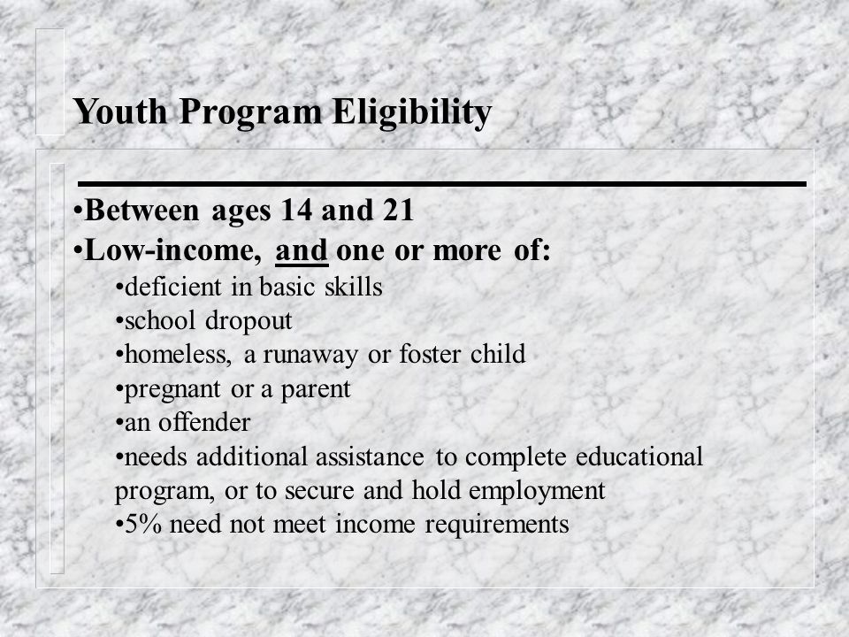 Youth Program Eligibility Between ages 14 and 21 Low-income, and one or more of: deficient in basic skills school dropout homeless, a runaway or foster child pregnant or a parent an offender needs additional assistance to complete educational program, or to secure and hold employment 5% need not meet income requirements