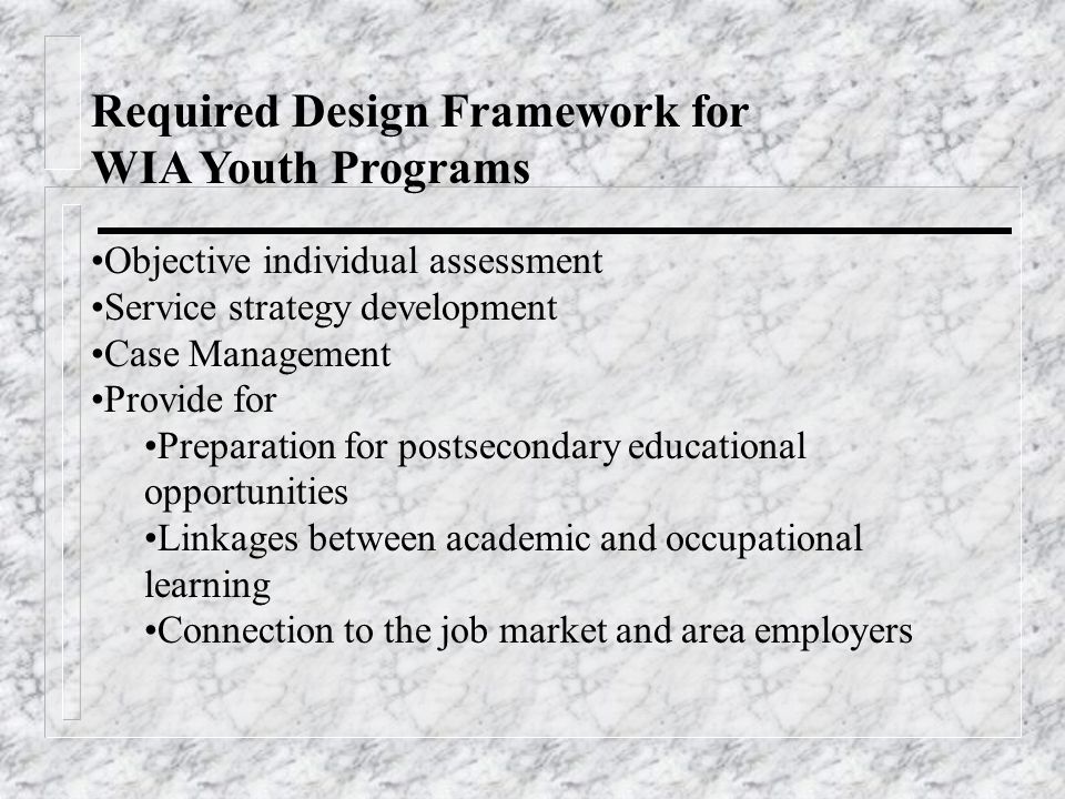 Required Design Framework for WIA Youth Programs Objective individual assessment Service strategy development Case Management Provide for Preparation for postsecondary educational opportunities Linkages between academic and occupational learning Connection to the job market and area employers