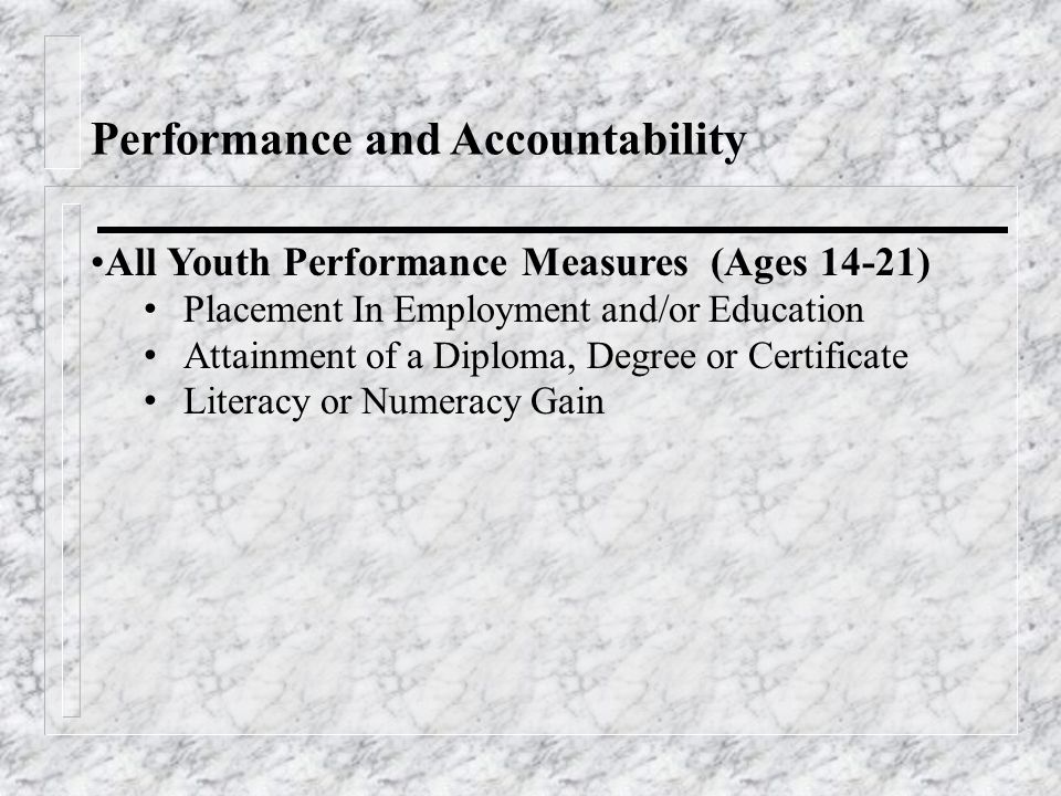 Performance and Accountability All Youth Performance Measures (Ages 14-21) Placement In Employment and/or Education Attainment of a Diploma, Degree or Certificate Literacy or Numeracy Gain