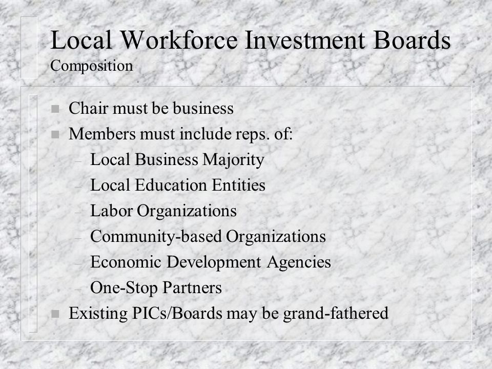 Local Workforce Investment Boards Composition n Chair must be business n Members must include reps.