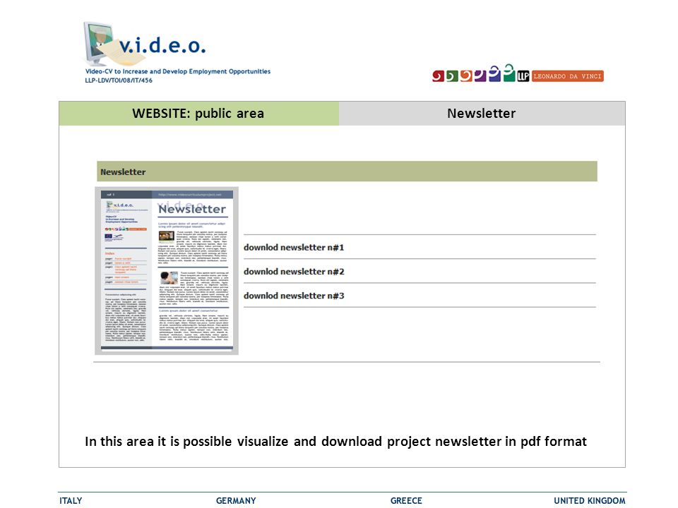 WEBSITE: public areaNewsletter In this area it is possible visualize and download project newsletter in pdf format