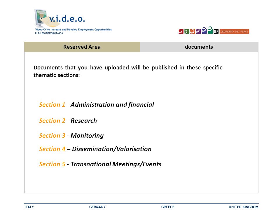 Reserved Areadocuments Documents that you have uploaded will be published in these specific thematic sections: Section 1 - Administration and financial Section 2 - Research Section 3 - Monitoring Section 4 – Dissemination/Valorisation Section 5 - Transnational Meetings/Events