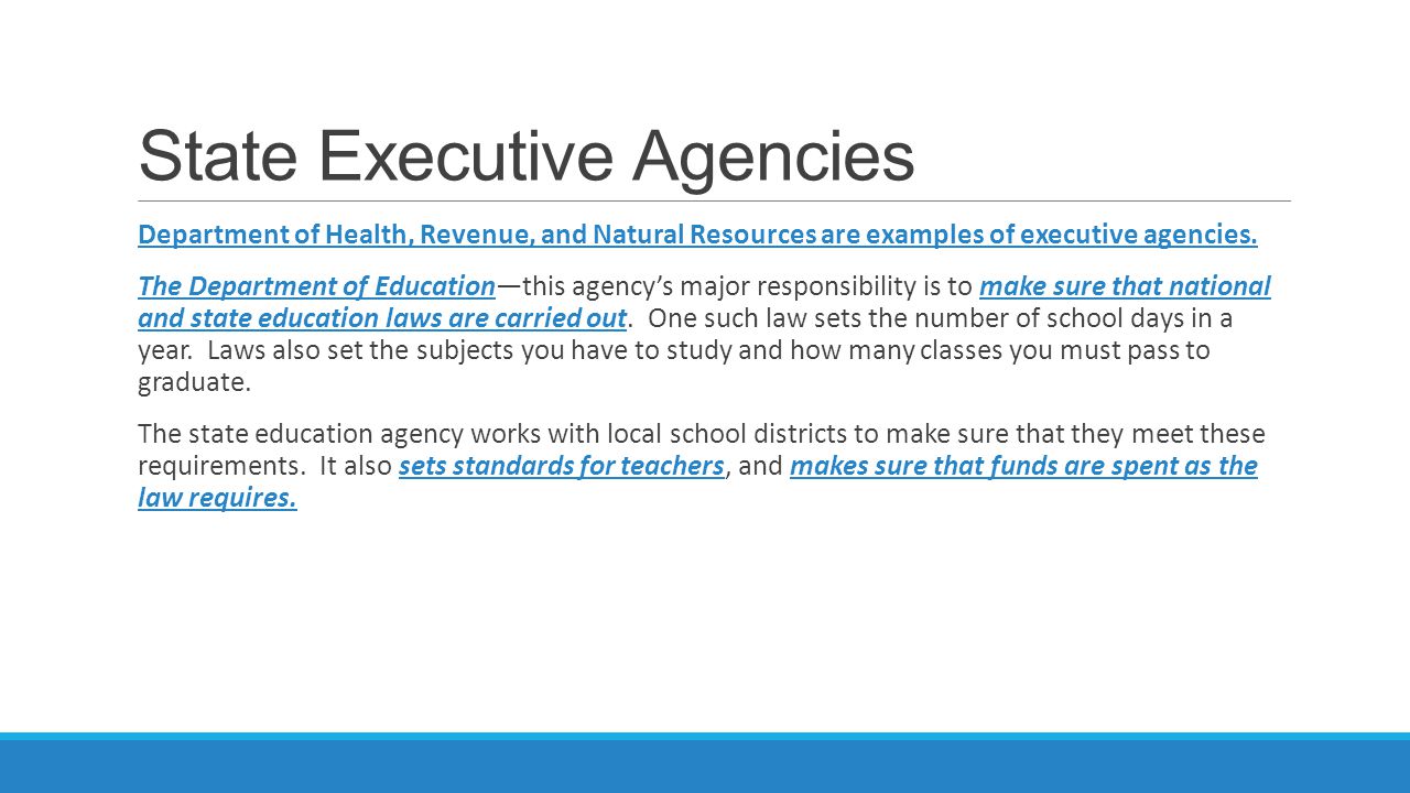 State Executive Agencies Department of Health, Revenue, and Natural Resources are examples of executive agencies.
