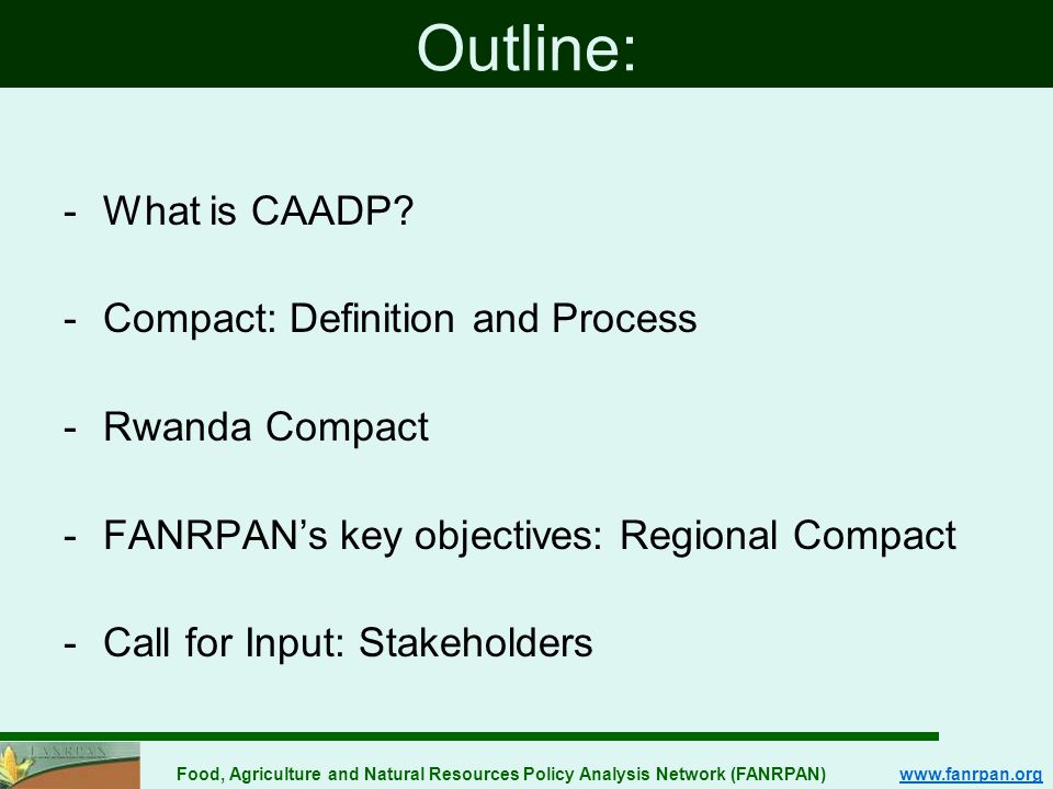 Food, Agriculture and Natural Resources Policy Analysis Network (FANRPAN)   Outline: -What is CAADP.