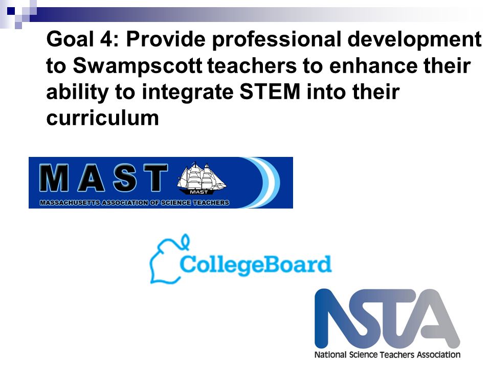 Goal 4: Provide professional development to Swampscott teachers to enhance their ability to integrate STEM into their curriculum