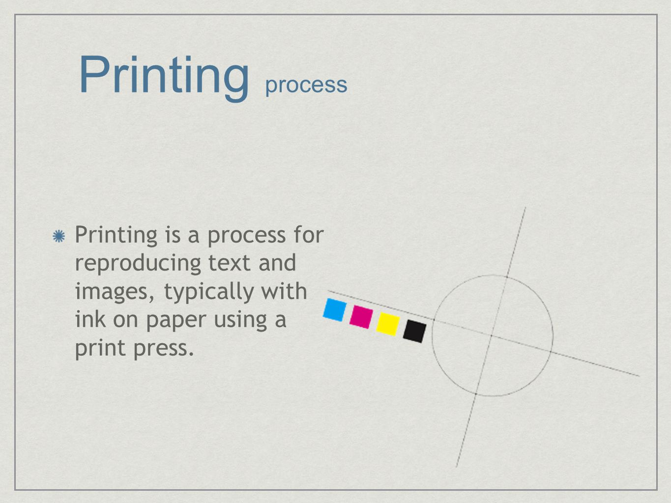 Printing process Printing is a process for reproducing text and images, typically with ink on paper using a print press.