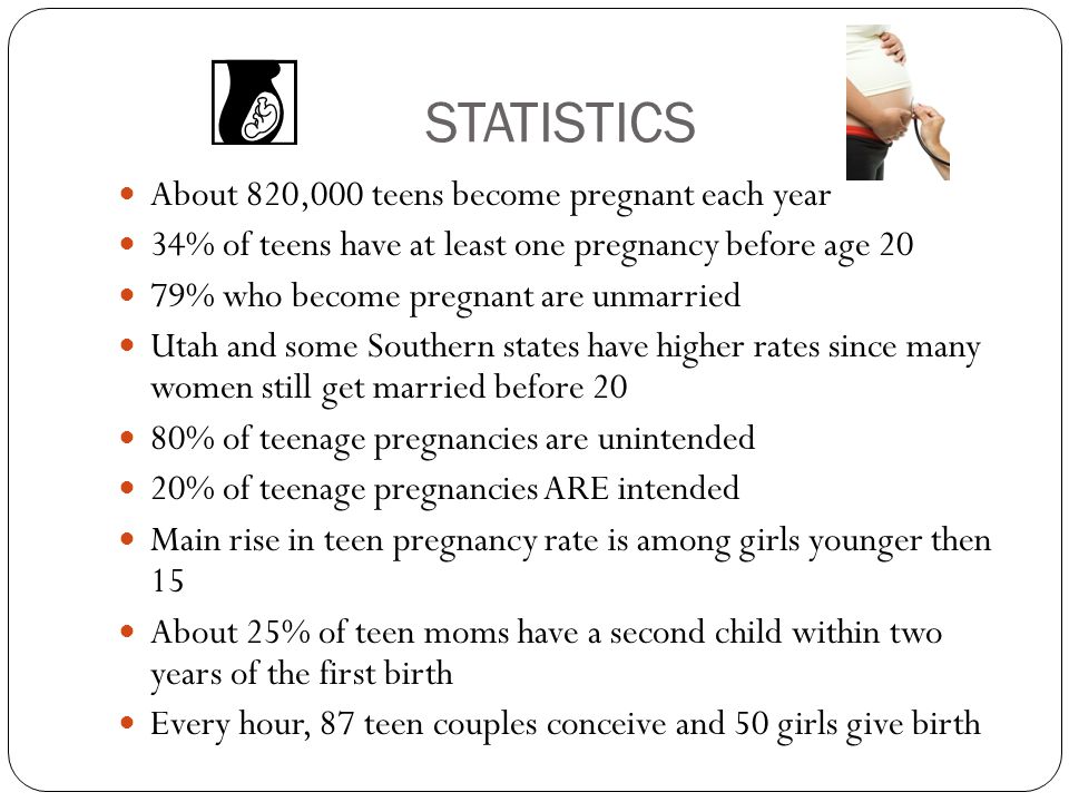 STATISTICS About 820,000 teens become pregnant each year 34% of teens have at least one pregnancy before age 20 79% who become pregnant are unmarried Utah and some Southern states have higher rates since many women still get married before 20 80% of teenage pregnancies are unintended 20% of teenage pregnancies ARE intended Main rise in teen pregnancy rate is among girls younger then 15 About 25% of teen moms have a second child within two years of the first birth Every hour, 87 teen couples conceive and 50 girls give birth