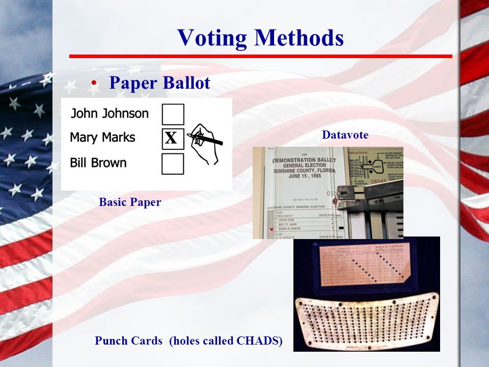 Voting Methods Paper Ballot Basic Paper Punch Cards (holes called CHADS) Datavote