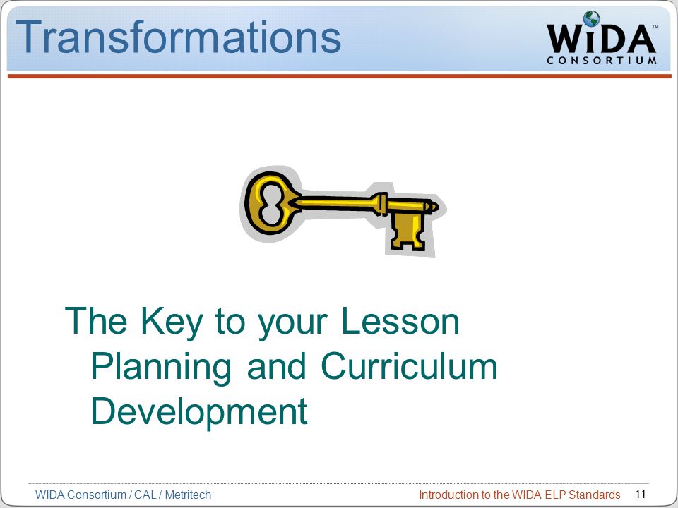 Introduction to the WIDA ELP Standards 11 WIDA Consortium / CAL / Metritech Transformations The Key to your Lesson Planning and Curriculum Development