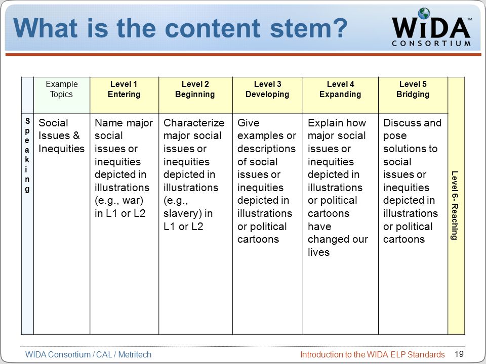 Introduction to the WIDA ELP Standards 19 WIDA Consortium / CAL / Metritech What is the content stem.