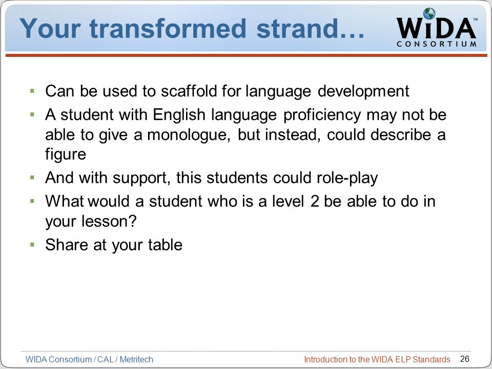 Introduction to the WIDA ELP Standards 26 WIDA Consortium / CAL / Metritech Your transformed strand… Can be used to scaffold for language development A student with English language proficiency may not be able to give a monologue, but instead, could describe a figure And with support, this students could role-play What would a student who is a level 2 be able to do in your lesson.